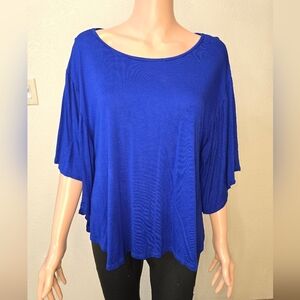 MNG Mango Women's Blue  Ruched Short Sleeve Flowing Relaxed Blouse Top Large